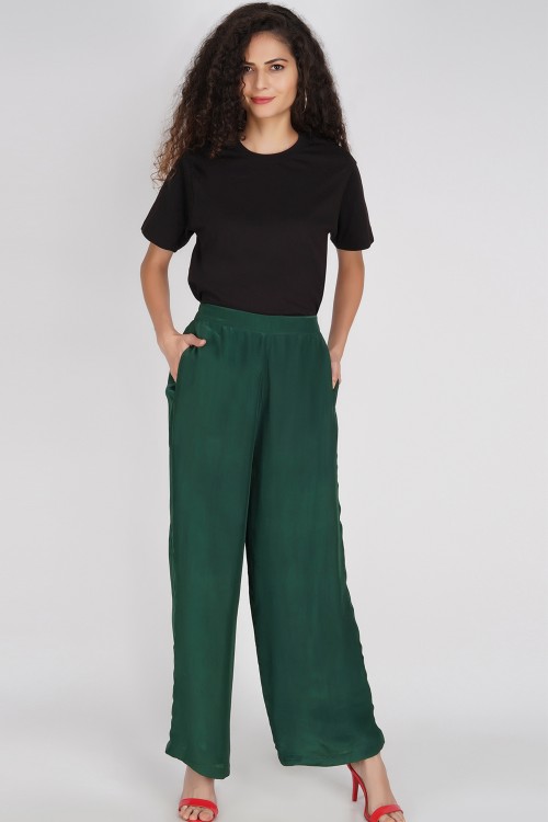 Green Flare Pants - Emerald Green - Benares Fashion